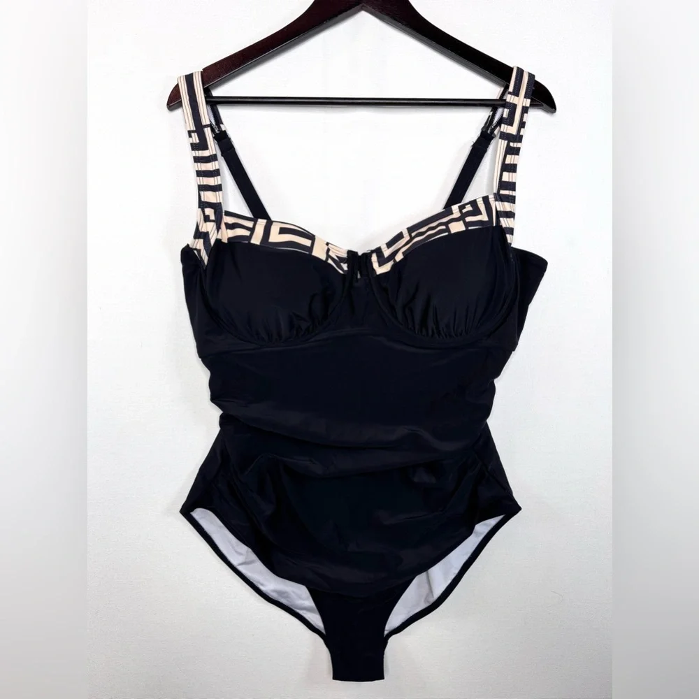B2prity NWT Size 2XL One Piece Ruched Tummy Control Swimsuit in black and tan